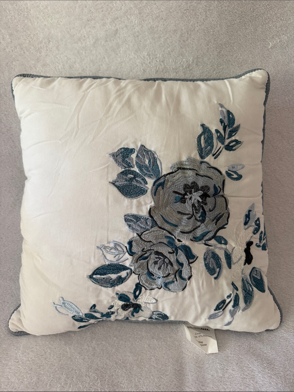 Madison Park Cream Throw Pillow with Blue and Gray Floral Embroidery